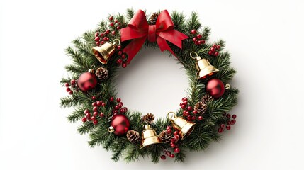 Christmas Wreath with Red Ornaments, Bells, and Pine Cones