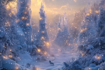 Fototapeta premium Enchanting Snow-Covered Forest with Icy Towers and Glowing Lights