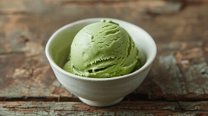 Green Serenity: Velvety Matcha Ice Cream in White Bowl on Wooden Background 