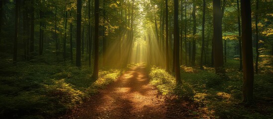 Fototapeta premium Sunbeams illuminate a path through a dense forest, casting long shadows on the woodland floor.