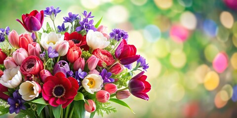 Spring bouquet of flowers background with red purple white and pink flowers