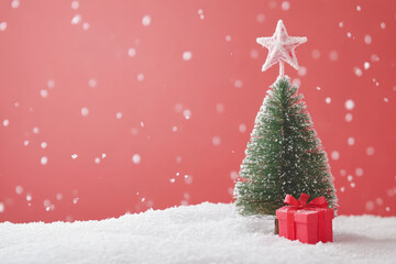 Christmas gift paper box under the New Year tree. Merry Christmas and Happy New Year. Xmas banner holiday poster with gift present. Festive bright design