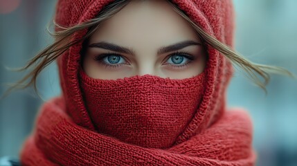A masked woman in a striking red hoodie is the focus of the image.