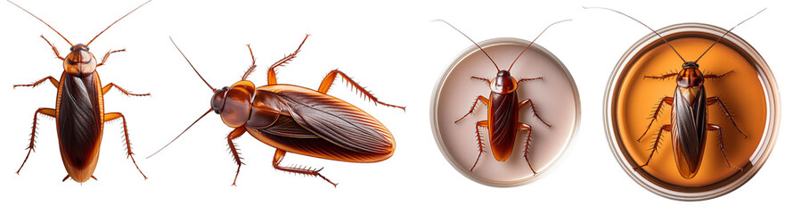 Various views of a cockroach on a white isolated background.