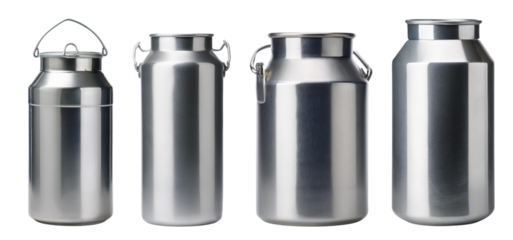 Collection of stainless steel milk cans on a white isolated background.