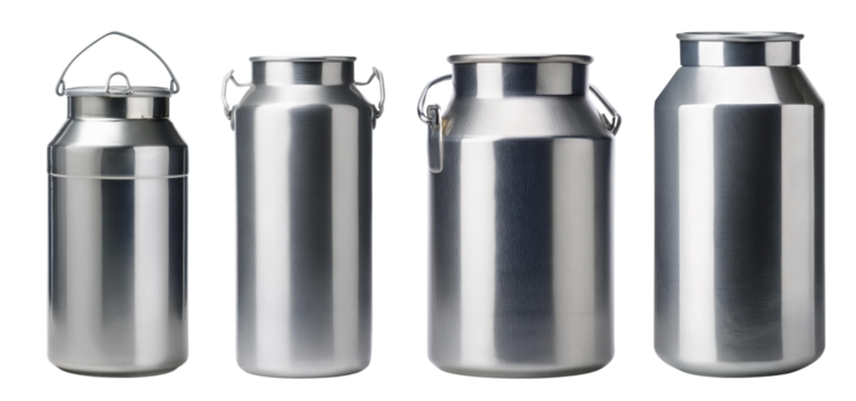 Collection of stainless steel milk cans on a white isolated background.