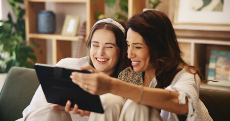 Sofa, mother and daughter with tablet for laughing, comedy movie and streaming series with...