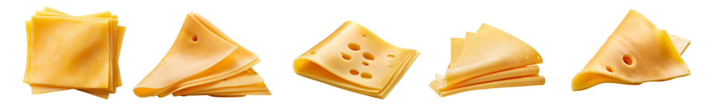 Various cheese slices arranged on a white isolated background.