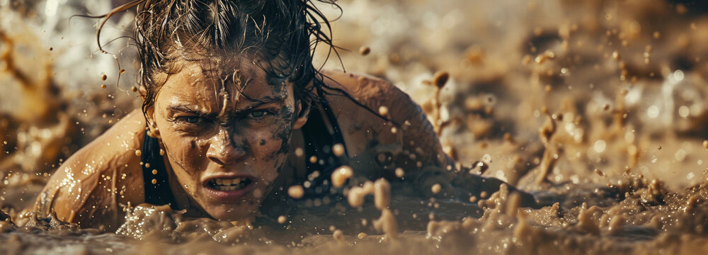 A woman struggling to crawl through splashing dirt and mud on her face anguish suffering pain outdoor sports competition