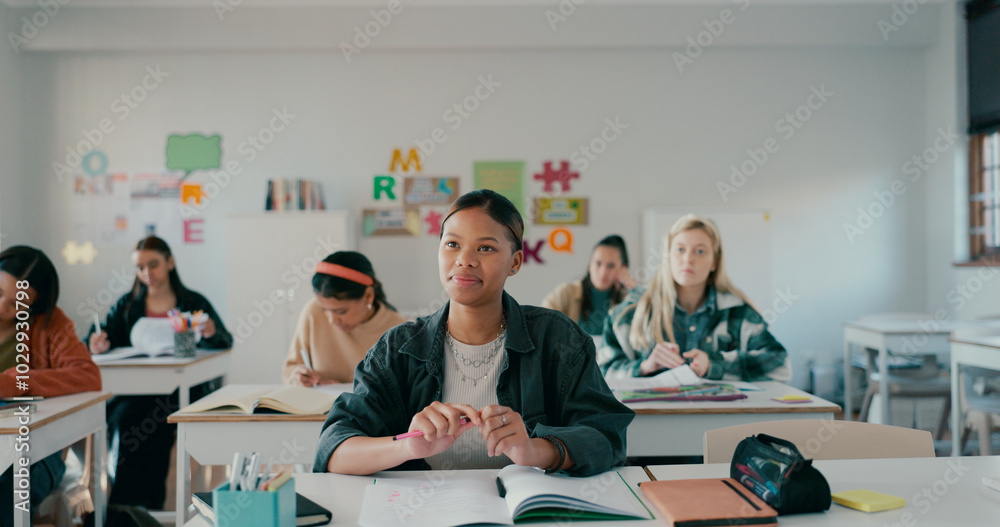 Aufkleber notebook, lesson and education with girl in classroom for learning, entrance exam and scholarship. t