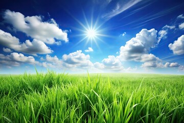 Fototapeta premium Spring garden scene with green grass and sunny sky