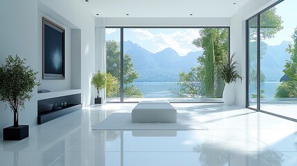 A minimalist white living room interior design creates a serene and uncluttered space.