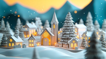 Fototapeta premium Snowy village with pine trees during winter holiday