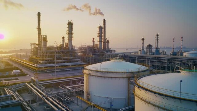 A vast industrial complex with a massive LNG storage tank designed for holding liquified natural gas at low temperatures, showcasing modern energy infrastructure	