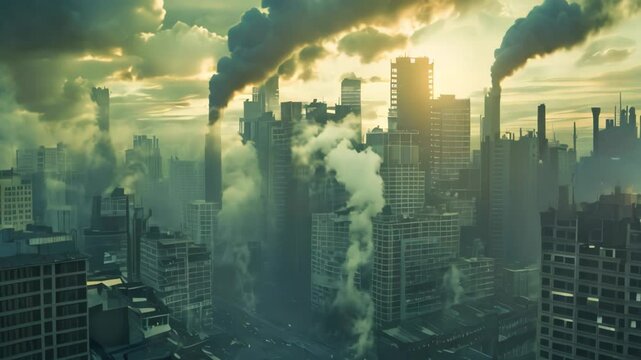 A towering cityscape with smoke billowing from tall chimneys, creating a somber and ominous atmosphere, Industrial dystopia with towering skyscrapers and polluted skies