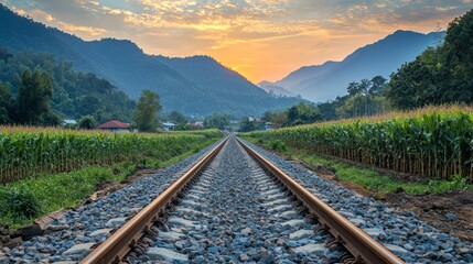 Fototapeta premium Train tracks leading through a scenic valley at sunset with mountains in the distance