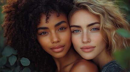 Obraz premium A mixed lesbian couple is seen hugging in a romantic natural setting, reflecting their deep love.