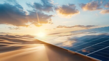 Solar panels reflecting sunlight at dawn in the desert landscape.