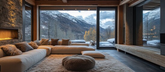 Modern living room with large windows showcasing a stunning mountain view. The room features a comfortable sectional sofa, a plush rug, and a cozy fireplace.