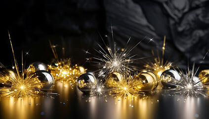 twinkling glittery lights of luminous gold and metallic silver on black background