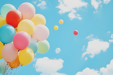 Bunch of colorful balloons against bright blue sky