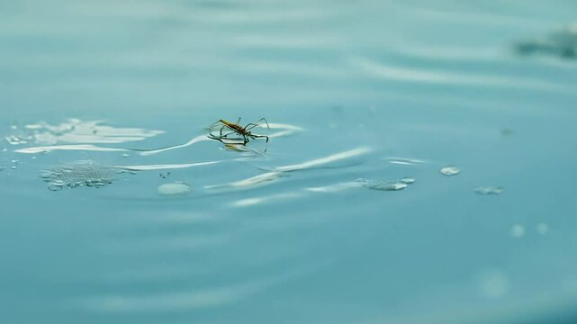 Slow zoom video of a water strider on a calm pond in soft diffused daylight.