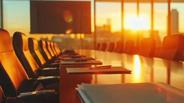 Empty conference room with sunset view and a pen on the table.