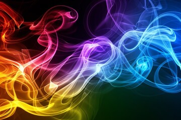 A dramatic burst of rainbow colored smoke expands against a black background, creating a striking contrast. A swirling, cloud like formation reflects the dynamic movement