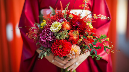 赤い着物と赤でまとめたウェディングブーケ A Japanese woman wearing a red kimono and a red wedding bouquet