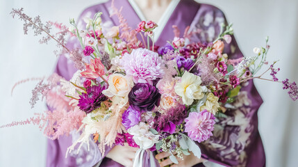 藤色の着物を着た日本人女性と紫色でまとめたウェディングブーケ  A Japanese woman wearing a mauve kimono and a purple wedding bouquet