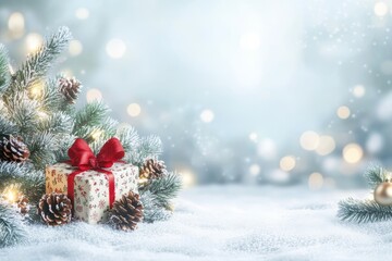 Obraz premium Christmas gift paper box under the New Year tree. Merry Christmas and Happy New Year. Xmas banner holiday poster with gift present. Festive bright design