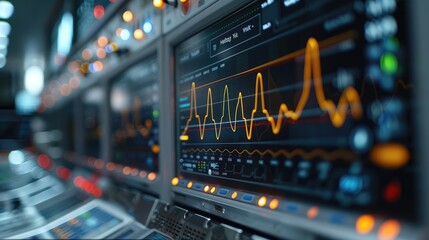 Obraz premium Close up of cardio monitor with lines on screen and medical equipment.