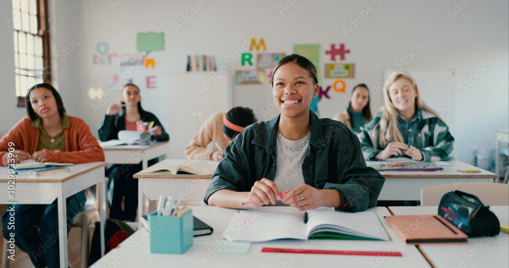 Aufkleber notebook, lesson and student with girl in classroom for education, entrance exam and scholarship. ac