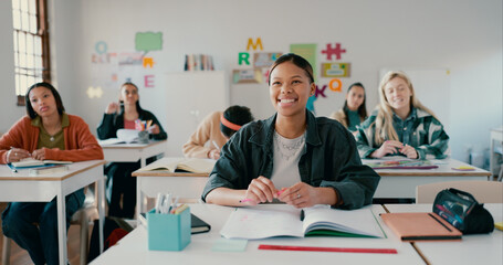 Notebook, lesson and student with girl in classroom for education, entrance exam and scholarship. Academy, knowledge and future with person in high school for solution, studying and problem solving