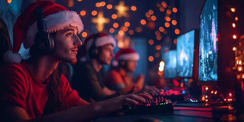 Young gamers wearing Santa hats, play games together in a cozy room decorated with festive lights, capturing the holiday spirit.