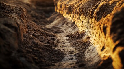 2410_067.close-up view inside dug channel, layered soil walls, subtle root structures, shallow...