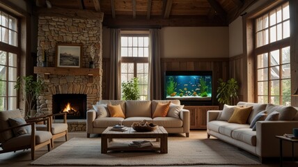 Fototapeta premium Cozy living room with fireplace, large windows, and a fish tank.