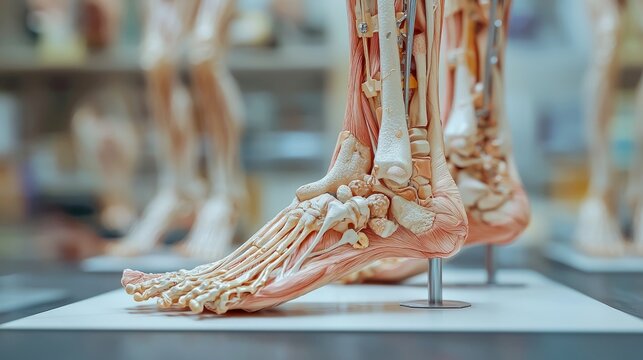 Detailed anatomical model of a human foot displayed in a medical exhibition