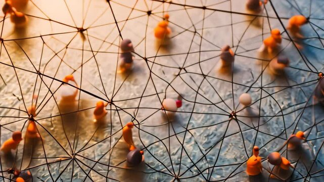 A close-up photo of numerous miniature figures connected by a web of strings, highlighting the concept of interconnectedness, Interconnectedness and interdependence within a group