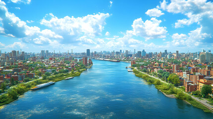Naklejka premium Aerial View of a River Running Through a City with a Bright Blue Sky and White Clouds