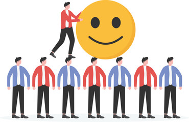 Capitalists, corporate management, ruling groups, hierarchy, bosses or leaders standing at the head of a row of businessmen pushing smiley face

