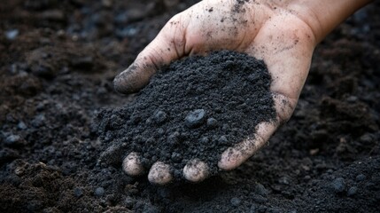 2410_004.human hand presenting handful of dark loam, nature photography, soft focus background, gardening context, eco-friendly lifestyle imagery, emphasis on tactile quality