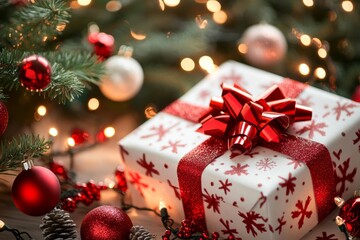 Christmas gift paper box under the New Year tree. Merry Christmas and Happy New Year. Xmas banner holiday poster with gift present. Festive bright design