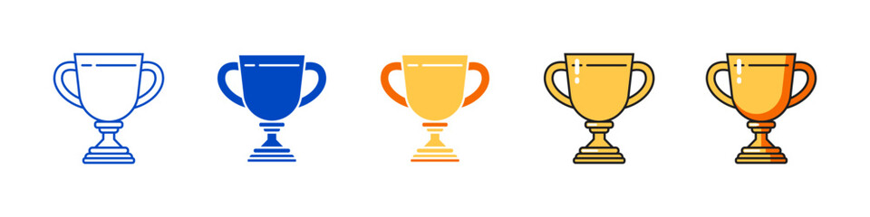 Set of trophy vector icons with outline, flat and color styles for victory, award, education and prize symbols.