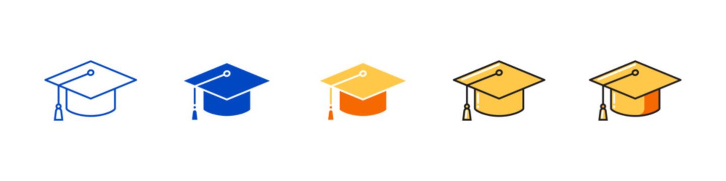 Set of toga hat vector icons with outline, flat and color styles for education, school, campus and graduation symbols.