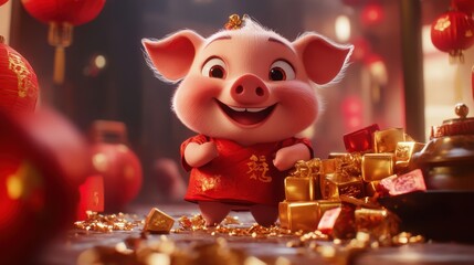 Obraz premium Playful red lanterns and cute gold ingots, with a happy cartoon pig celebrating Chinese New Year, ample room for text