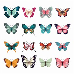 Set of beautiful exotic butterflies with colorful wings on white background