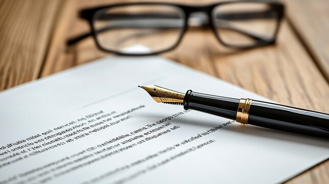 An intimate view of a formal document featuring a prominent affidavit heading, accompanied by a fountain pen and reading glasses on a wooden surface.