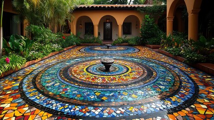 Obraz premium A mosaic-tiled pool reflecting intricate patterns and vibrant colors in a beautiful and artistic arrangement.