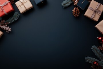 Naklejka premium Christmas gifts arranged on dark background with copy space